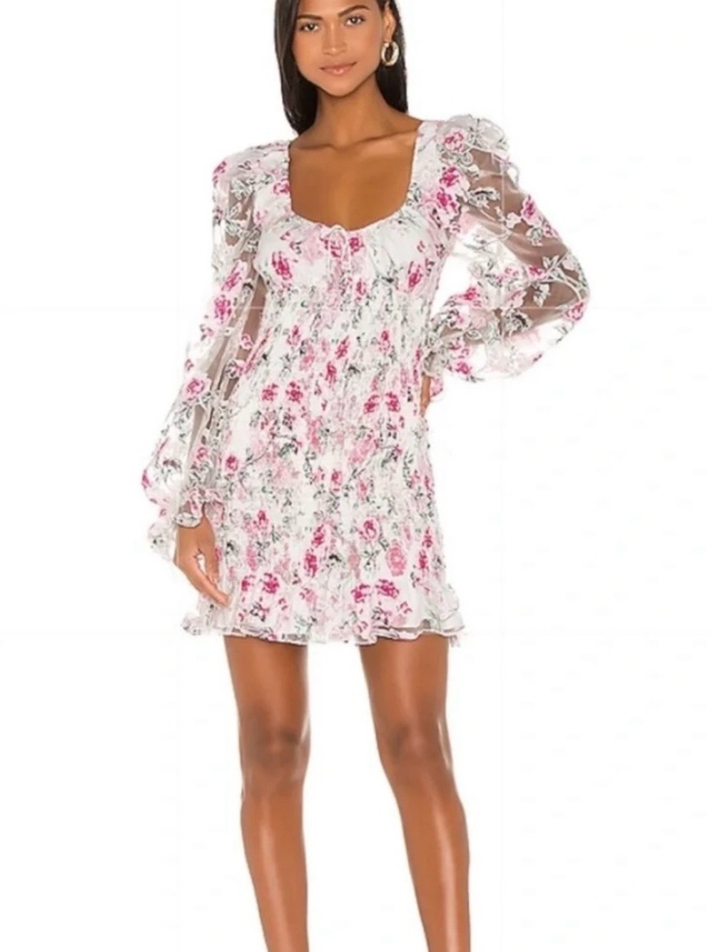 For Love & Lemons Lovell Burnout Floral Smocked Puff Sleeve Mini Dress Pink XS